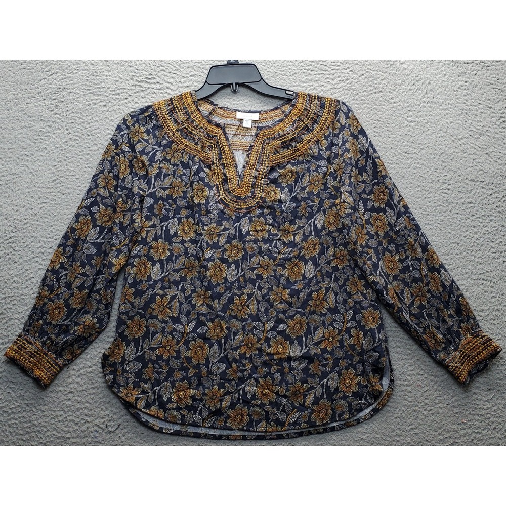 Pure Jill Blouse Top Womens PXS Multi Floral Cotton Embroidered V-Neck Round Hem